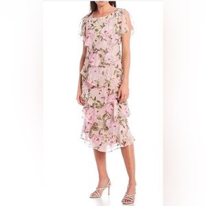 Ignite Evenings Floral Chiffon Crew Neck Short Sleeve Tiered Midi Dress NWT